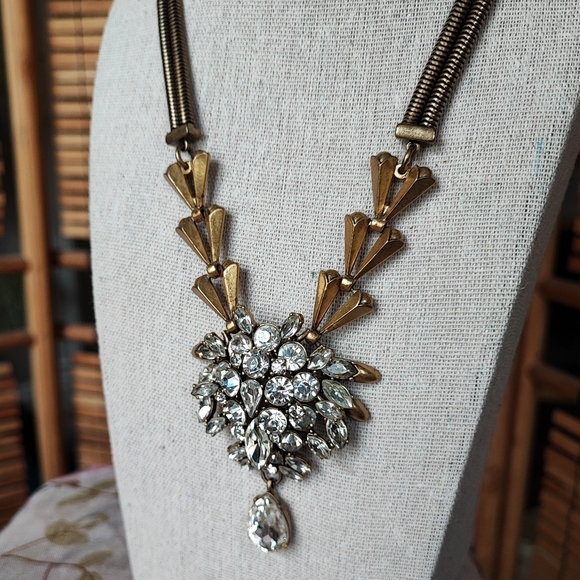 J. Crew Art Deco Revival Brass Tone Clear Stone Statement Necklace Reproduction - Picture 2 of 16